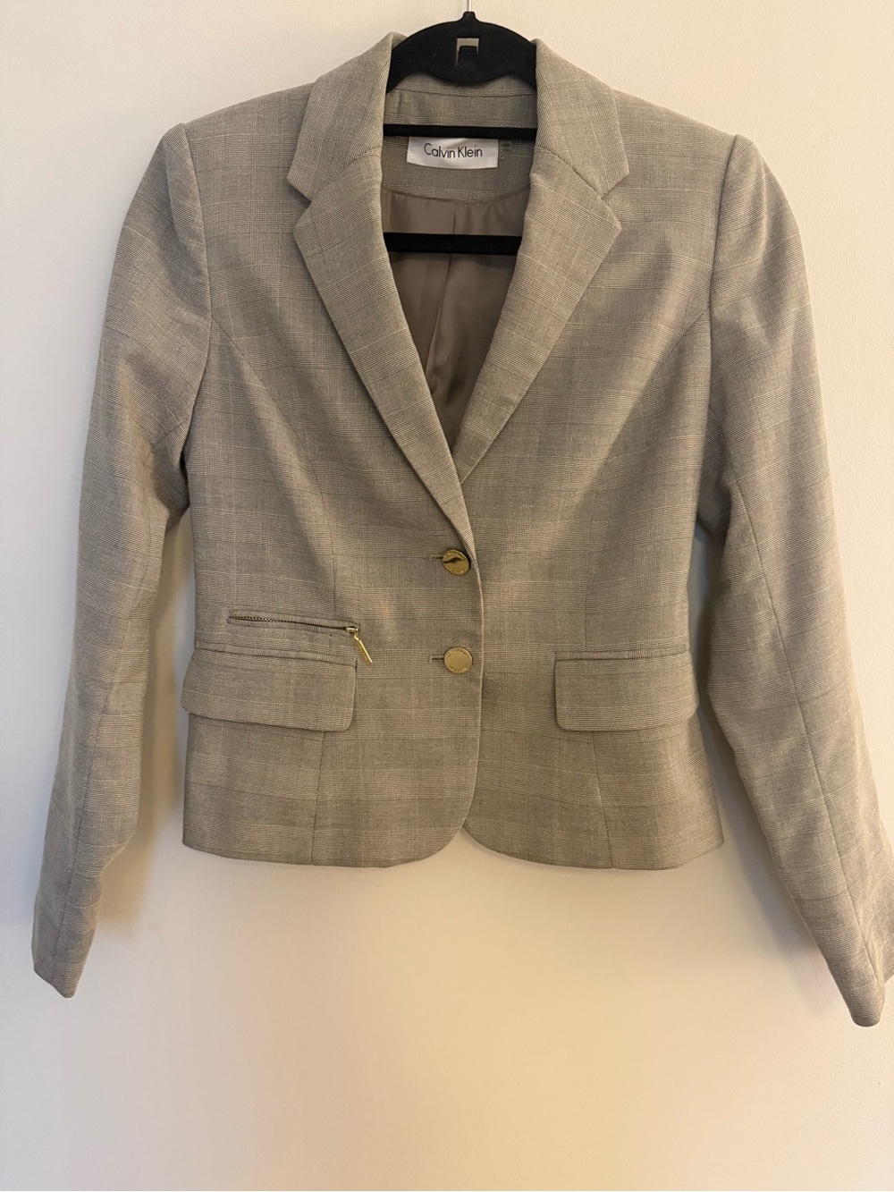 Calvin Klein Women’s Light Gray Plaid Fitted Blazer with Gold Buttons